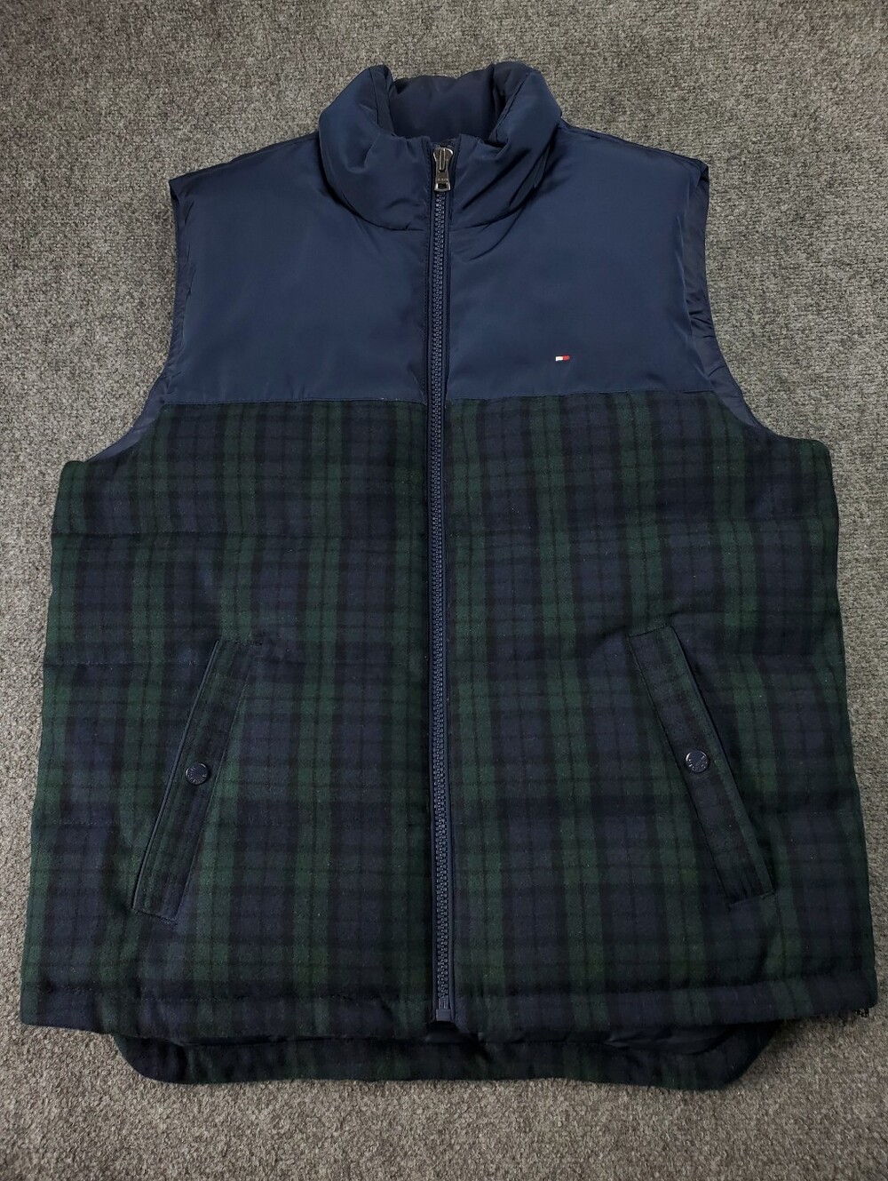Tommy Hilfiger Wool Goose Down Puffer Vest XL Black Watch Tartan Navy Blue Green